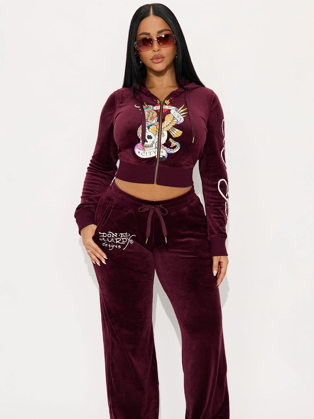 Ed hardy Velour Zip-Front Hoodie & Pant Set - Burgundy